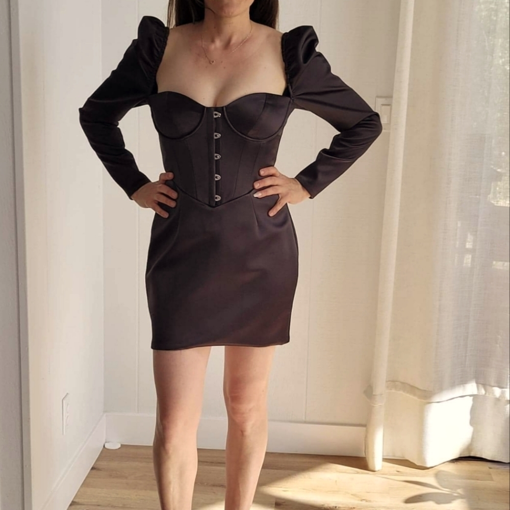 Oh Polly Satin mini bustier style black dress with puffy sleeves size 10